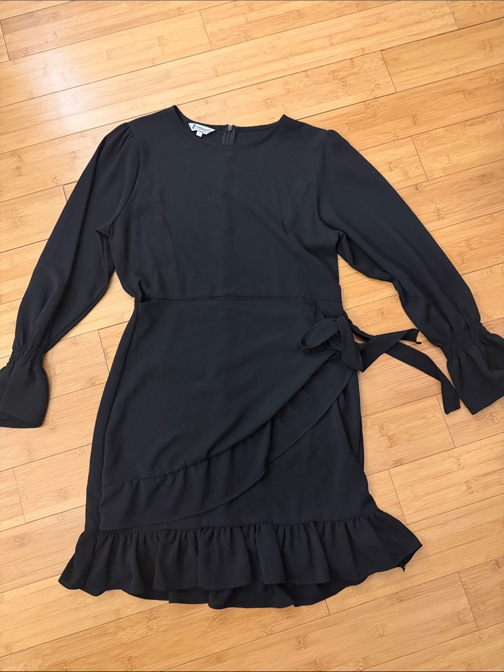 Long-Sleeve Black Wrap Ruffle Dress with Tie Waist